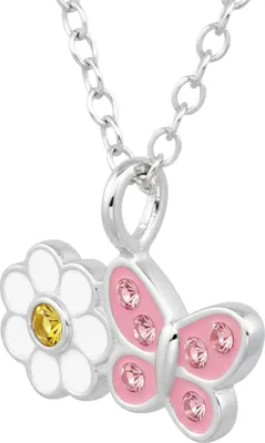 Immagine prodotto di Collana per bambini con fiore a margherita e farfalla in argento con cristalli e resina epossidica