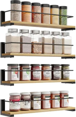 Produktbild von Unyqoos® Kräuterregal Set aus 4 für Wandmontage in Küche und mehr, aus Kiefernholz und Metall, 40 x 9 cm