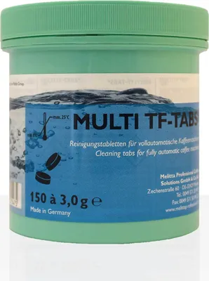 A green container of Melitta Multi TF-Tabs cleaning tablets for coffee machines.