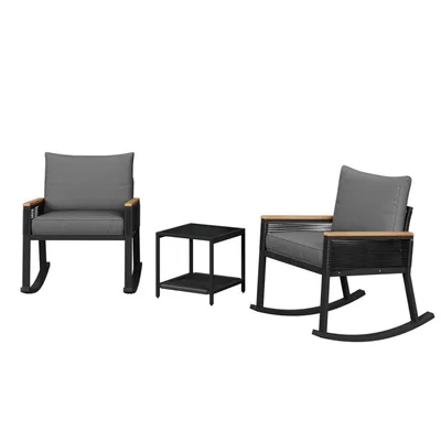 Produktbild von 3-teiliges Set, Bistroset, Schaukelstuhl-Set mit Seil, mit Couchtisch aus Glas mit Sitzkissen und Rückenlehne, geeignet für Garten, Terrasse