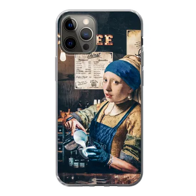 Produktbild von MuchoWow® Handyhülle Schutzhülle Hülle für iPhone 12 Pro Mädchen mit Perlenohrring - Cappuccino - Barista - Vermeer - Kaffee - Gemälde Silikon Softcase Handy Hülle - Abdeckung
