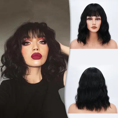 Produktbild von Schwarze lockige Bob Perücke mit Pony 14 Zoll synthetische Cosplay Perücke