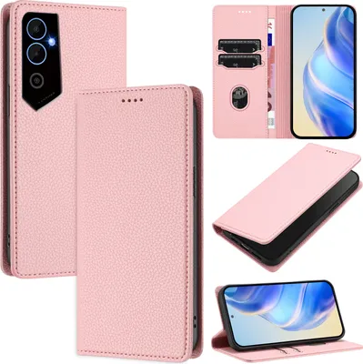 Produktbild von Litchi Leder Handyhülle für Tecno Pova Neo 2 Wallet Kartenfächer Standfunktion Hülle Pink