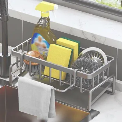 Obrázok produktu pre Organizér do kuchyne z nehrdzavejúcej ocele so samoodtokom na držiak na špongie, držiak na uteráky, držiak na utierky, superorganizér do kuchyne a kúpeľne