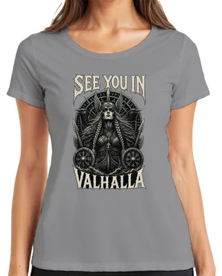 Zdjęcie produktu dla Koszulka damska "See You In Valhalla", motyw: Walkiria, Wiking, wojowniczka, kruki, Odin, nordycki. Kolor: szary. Rozmiar: XXL