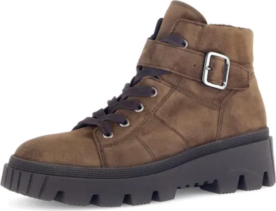 A single brown boot is shown against a white background.
