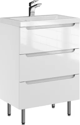 Produktbild von FURNI Waschtischunterschrank ETH 60 - Weiß Hochglanz - Stehender Badschrank mit Mineralguss-Waschbecken - Griffmulden - Vormontiert