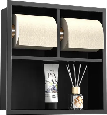 Produktbild von Einbau-Toilettenpapierhalter mit Stauraum für Badezimmer - Edelstahl - Schwarz - 34 x 34 x 10 cm - Wandmontage - Toilettenpapierhalter - Modernes Design