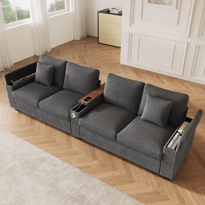 Produktbild von Abrihome 4-Sitzer Sofa aus Cordstoff mit USB und verstecktem Stauraum, Wohnzimmer Sofa, Grau