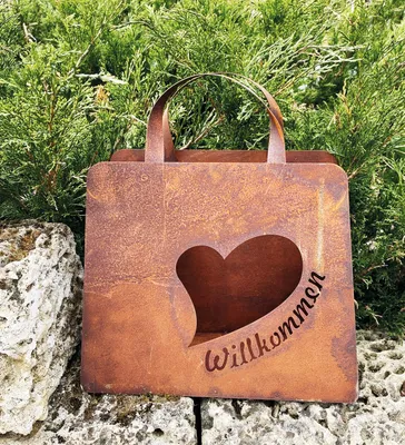 Produktbild von Edelrost Große Handtasche 32x37cm Tasche zum Bepflanzen Willkommen mit großem Herz Rost Pflanztasche Blumentopf Windlicht Edelrost Gartendeko