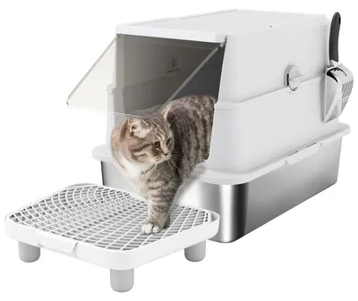 Productafbeelding van Kattenbak, roestvrij staal, extra grote binnenmaat, met schepje, lichtgrijs