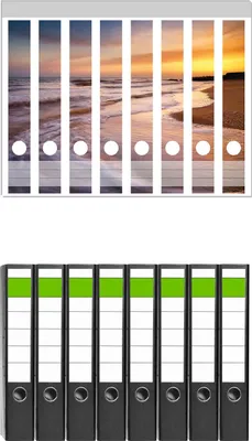 Produktbild von Wallario 8 Stück schmale Ordner inkl. Klebeetiketten mit Motive Sonnenuntergang am Strand - Abendspaziergang -  Set mit Rückenschildern / Ordnerrücken Stickern