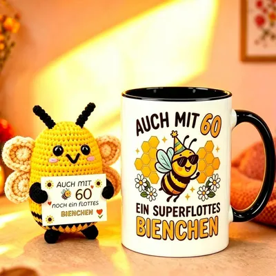 Immagine prodotto di Tazza per il 60° compleanno, per donna, in Vetroceramica, 350 ml, gialla, con decorazione di un'ape portafortuna