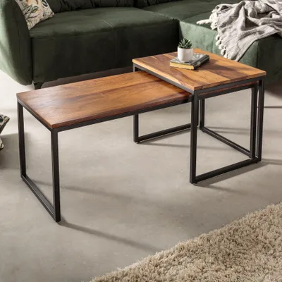 Produktbild von 2er Set Design Couchtisch ELEMENTS 100cm Sheesham stone finish Metallgestell