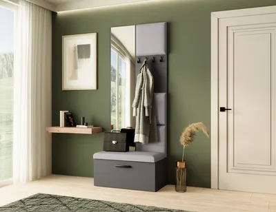 Produktbild von Garderobe MARGARET III, Farbe: Graphit + Grau, mit gepolsterten Paneelen, Spiegel und Kleiderhaken