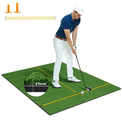 Image de Tapis de golf COSTWAY, tapis d'entraînement au golf avec 2 tees en caoutchouc et 2 barres d'alignement, tapis de golf avec 6 positions de frappe, 152 cm x 117 cm, 27 mm