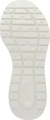 The sole of a beige sneaker is shown from an underneath view against a white background.