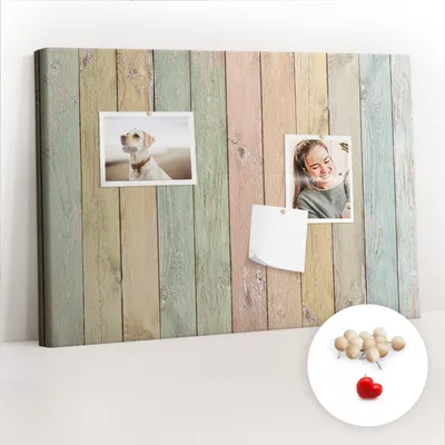 Obrázek produktu pro Korková nástěnka s kolíčky - Tabule s kolíky pro fotografie a poznámky - 60x40 cm - Připínáčky dřevěné 100 kusů - Barevné desky