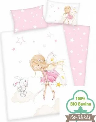 A flat lay of children's bedding with a fairy and bunny illustration.