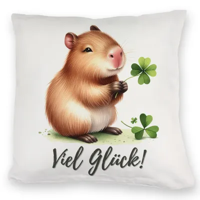 Produktbild von Capybara mit Kleeblatt Kuschelkissen mit Spruch Viel Glück