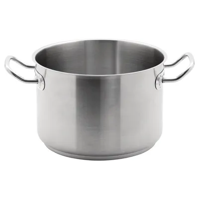 A stainless steel cooking pot with two handles is shown against a white background.
