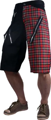 Produktbild von Schwarz-rote Knielange Tartan Shorts mit weitem Schnitt, Zippern und Bondage Band
