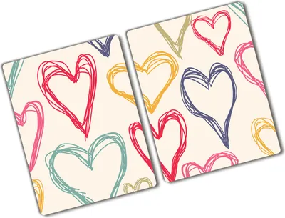 Produktbild von Tulup Glas Herdabdeckplatte - 2x40x52 cm - Glaskeramikkochfeld-Abdeckung Spritzschutz Glasabdeckplatte Kochplattenabdeckung und Schneidebrett - Zweiteilig - Kinderzimmer - Bunte Herzen - Mehrfarbig