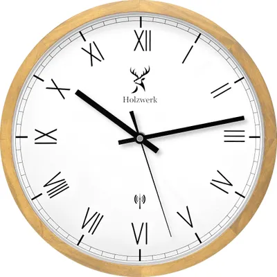 A close-up shot of a wooden wall clock with Roman numerals.