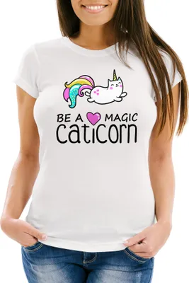 Produktbild von Damen T-Shirt Be a magic caticorn Einhorn Unicorn Slim Fit Moonworks® weiß XL