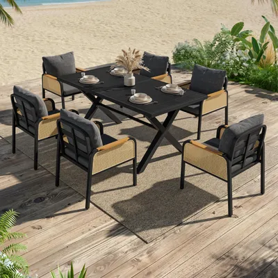 Immagine prodotto di okwish, set da pranzo per l'esterno, divano relax con braccioli intrecciati e cuscini, struttura in metallo, colore nero e naturale