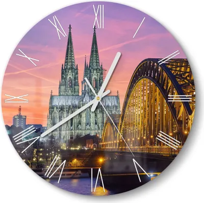 Produktbild von DEQORI Glasuhr Ø30 cm Römisch 'Kölner Wahrzeichen abends' Wanduhr Glas Uhr Design leise