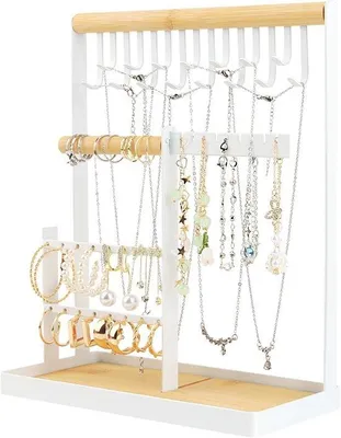 Produktbild von Ibenzoa® Schmuckhalter – Vertikaler Schmuckständer aus Metall & Holz mit 16 Ohrringlöchern, 15 Kettenhaken, 2 Armbandhaltern und Ablage für Ringe & Uhren