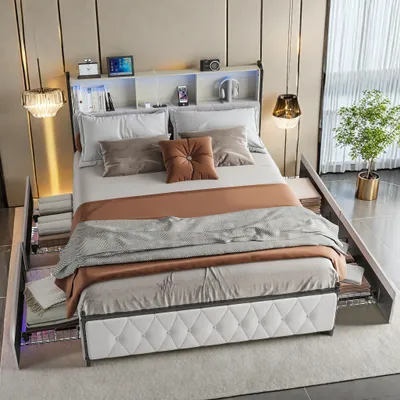 Produktbild von UnboxG Polsterbett 160x200cm mit (USB&Typ-c), und Steckdosen, Jugendbett Doppelbett mit 4 Schubladen, Stauraumbett Massivholzbett mit LED und Lattenrost, Samt,Beige
