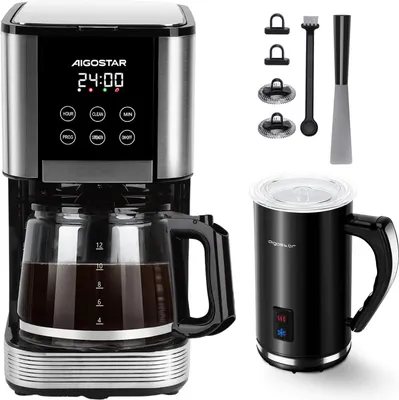 Produktbild von Aigostar - Filterkaffeemaschine 1000W, 1,5L Wassertank 14-Tassen, 24H, Tropf-Stopp, AutoClean / Milchaufschäumer Elektrisch 500W 240ml, 3 Modi