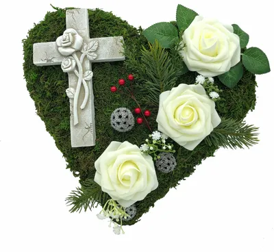 Produktbild von Grabgesteck Grabschmuck Moosherz Grabherz Trauerherz Gesteck 30cm Kreuz weiße Rosen