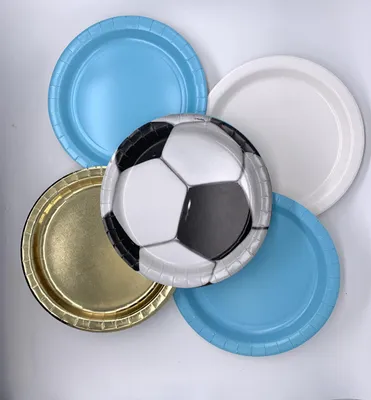 Fußball-Papierteller Stadion-Design, 40 Stück, Hellblau/Weiß/Gold