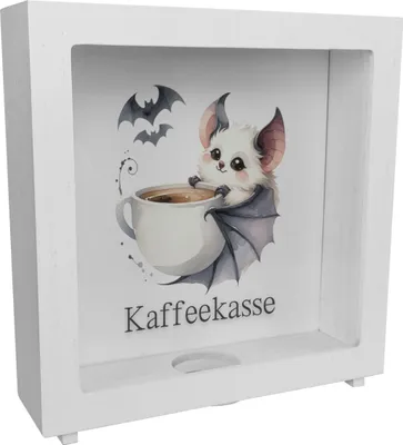Produktbild von niedliche Fledermaus mit Kaffeetasse Rahmen Spardose aus Holz mit Spruch