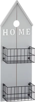 A gray wall-mounted shelf shaped like a house with the word 'HOME' on it. It has two black wire baskets for storage.