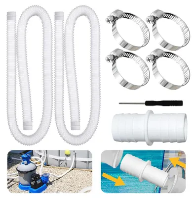 Zdjęcie produktu dla Wąż do basenu o średnicy 32 mm, przeznaczony do pomp basenowych - 2 sztuki, długość 150 cm, z 4 klipsami mocującymi i 1 złączką do węża