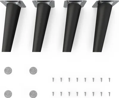 Four black furniture legs with silver mounting plates are shown, along with two felt pads and a group of screws, all on a white background.