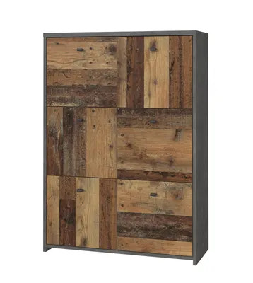 Produktbild von Kommode Best Chest in Used Wood und grau Beton Design Shabby / Vintage Highboard mit 6 Türen 77 x 113 cm