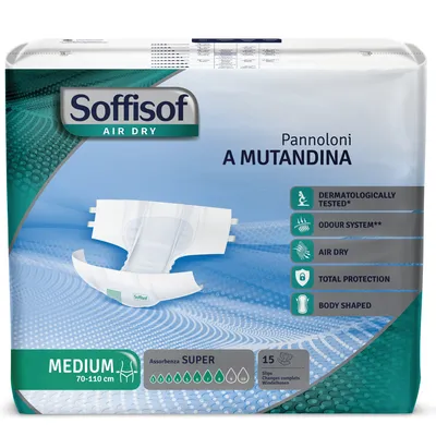 Image de Soffisof Air Dry Couches Adultes Super M - 15x Couche Adulte Incontinence, Absorption 8 Gouttes, Change Complet Adulte Taille M (70-110 cm)