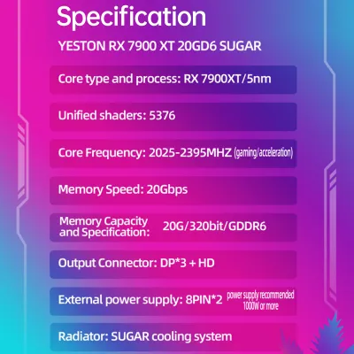 Zdjęcie produktu dla Karta graficzna Yeston RX7900XT-20GD6 Sugar YA z pamięcią 20G/320bit/GDDR6 o częstotliwości rdzenia 2025-2395MHz z podwójnym wentylatorem kulowym i portami wyjściowymi Light HD+DP*3