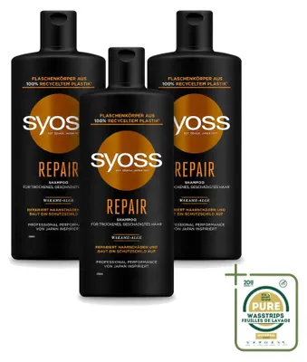 Immagine prodotto di 3 flaconi di shampoo Syoss Repair, per capelli danneggiati e fragili, da 440 ml ciascuno, confezione risparmio, 3 pezzi
