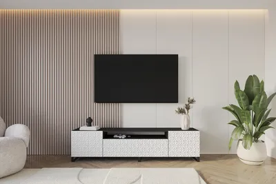 Produktbild von ALTDECOR TV-Schrank VIRA-S mit Gefrästen Fronten 200x53x41 Lowboard, TV Möbel, TV Cabinet, Fernsehtisch, Fernseher Schrank, TV Kommode, TV Tisch, TV Sideboard, TV Board - Schwarz / Weiß