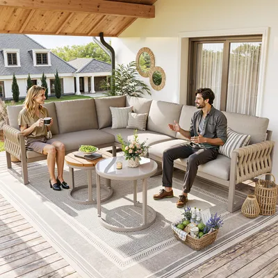 Produktbild von Gartenlounge Set 5-6 Personen Modular - Outdoor Sofa Ecksofa mit 2 Tischen - Wasserabweisende 8cm Polster & Olefin Stoff - Wetterfestes Gartenmöbelset