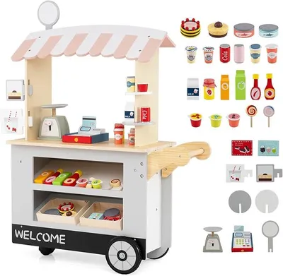 Imagen del producto de Tienda de comestibles de madera con 30 accesorios de juego, puesto de venta, set de supermercado con 3 ruedas, carrito de alimentos con caja registradora, sistema de punto de venta y balanza, carrito de venta para juegos de rol para niños a partir de 3 años (gris)