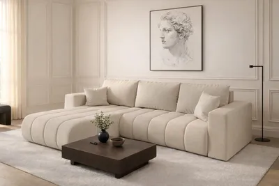 Image de Canapé d'angle avec fonction sommeil et coffre de lit MILO PREMIUM, tissu WIND, beige, gauche