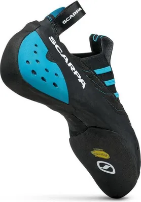 Schwarze Kletterschuhe mit blauen Akzenten von Scarpa; Modell Instinct S; für das Klettern.