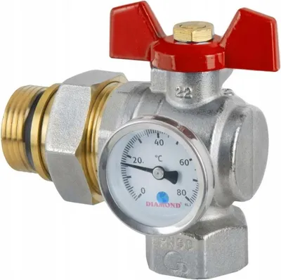 Produktbild von 1-Zoll-Eckkugelhahn mit Verschraubung Thermometer roter Flügelgriff